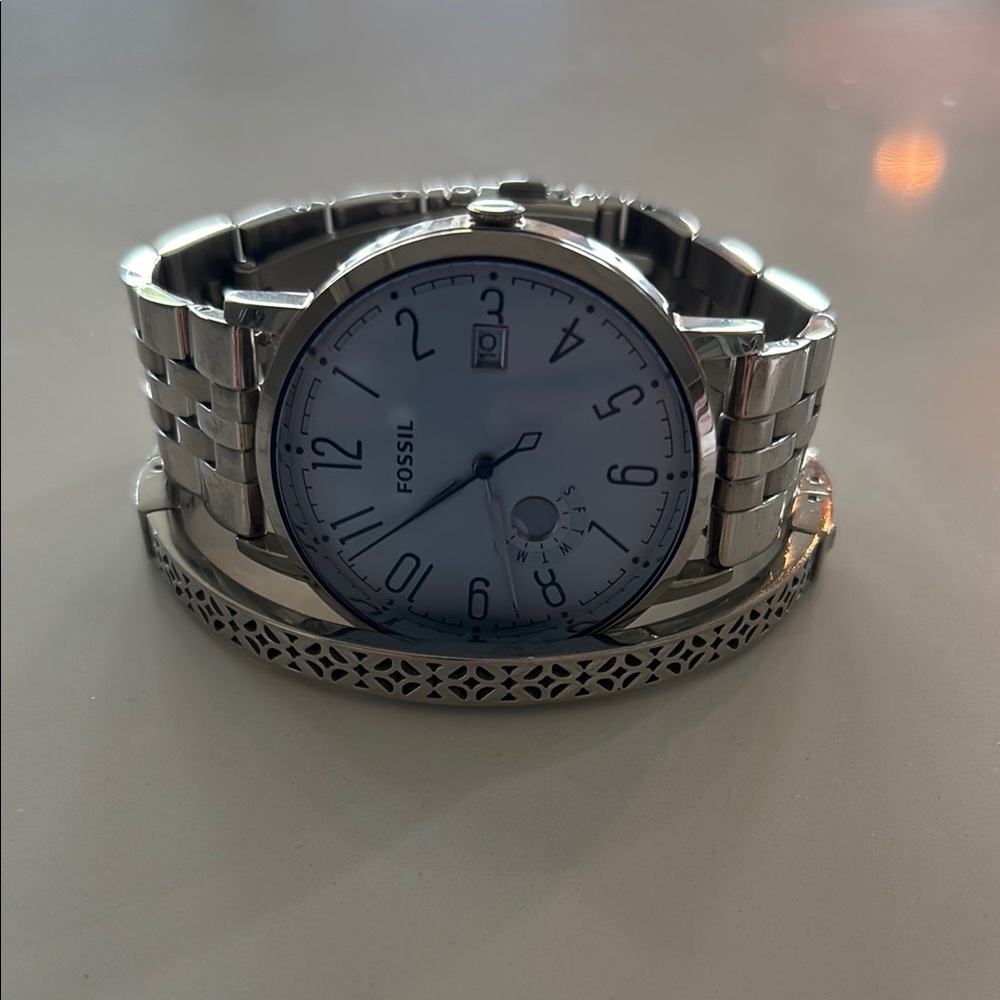 Fossil Silver Tone Watch with Intricate Bracelet